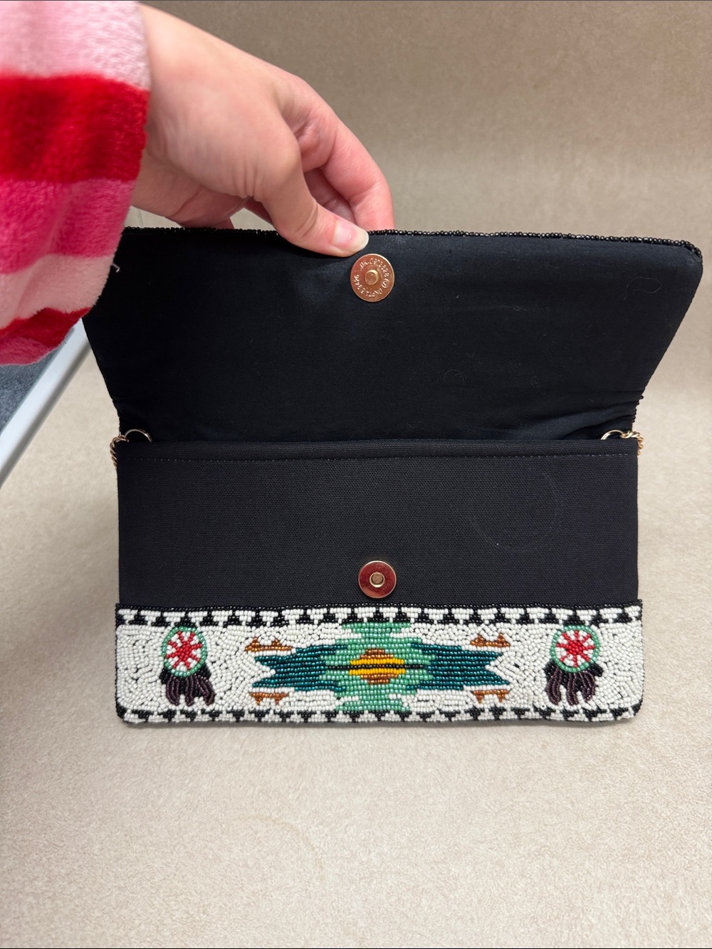 Beaded Tribal Pattern Crossbody Clutch in Brown and Teal - Picture 4 of 5